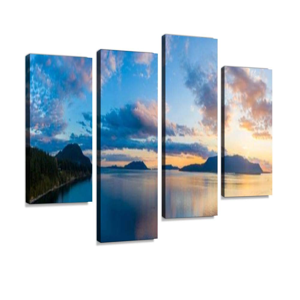 4 Panels Canvas Wall Art - Sunset Over Orcas Island & San Juan Island in Salish Sea, Modern Framed Paintings Ready to Hang - Perfect for Living Room, Bedroom & Office Decor