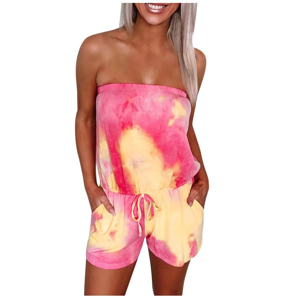 Women's Strapless Tie-Dye Romper Jumpsuit - Sleeveless Summer Shorts Beach Outfit for Vacation & Pool Party