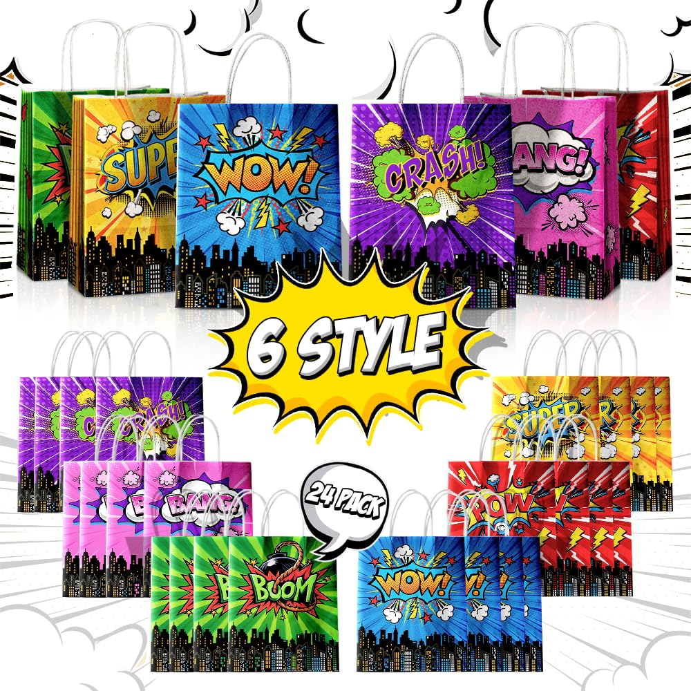 24 Pcs Hero Party Favor Bags with Handles - Comic Hero Theme Goodie Bags for Kids Birthday Party, Baby Shower & Special Events | Kraft Paper Gift Bags with Handles for Candy, Treats & Party Supplies | Perfect for Superhero Themed Decorations & Party Favors
