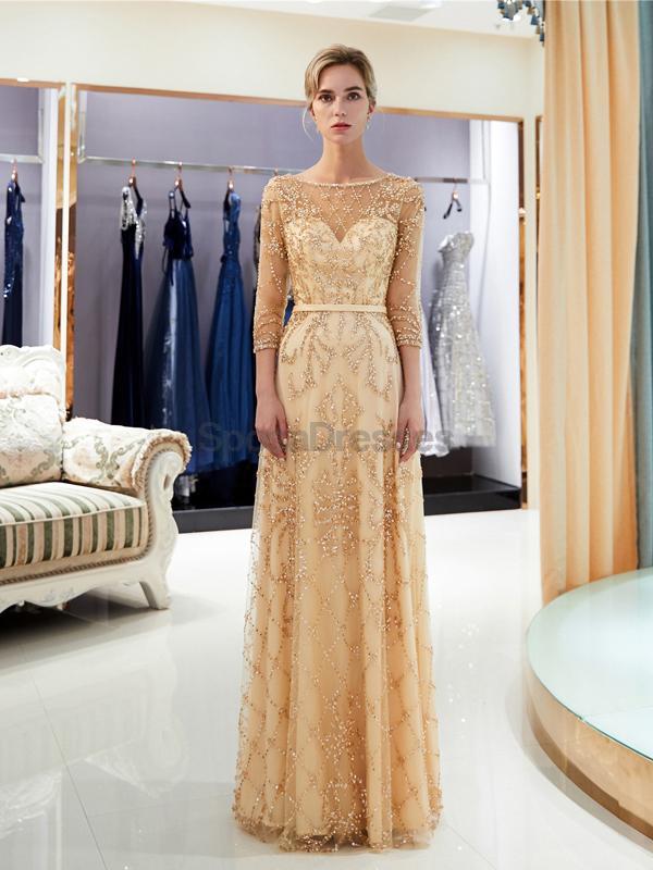 Elegant Long Sleeve Beaded Gold Evening Prom Dress for Women - Formal Gown for Homecoming, Ball, Party & Special Occasions | Style 12059