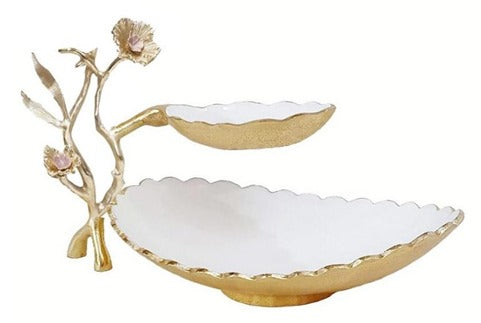 2-Tier Decorative Stand 13.25x7.75x9 Inches - Gold & Beige Floral Design for Home Decor, Kitchen Organizer, or Bathroom Storage