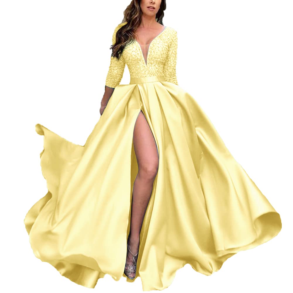 Elegant Deep V-Neck Satin Prom Dress with 3/4 Sleeves & Pockets - Women's Formal Evening Gown for Homecoming, Wedding Guest & Cocktail Party