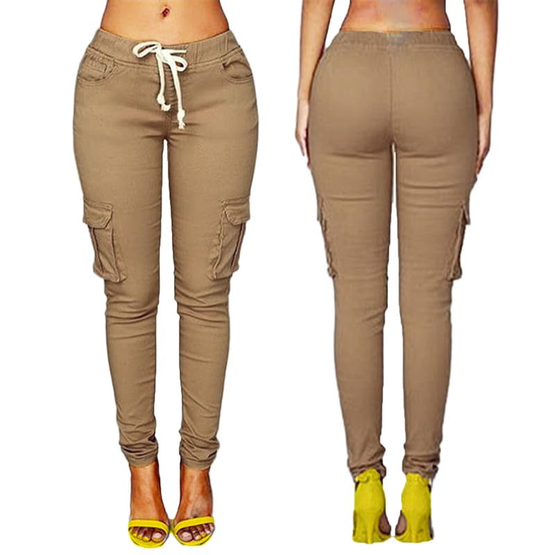 Andongnywell Women's Stretch Cargo Joggers - Solid Color Drawstring Skinny Pants with Pockets & Tie Waist for Butt Lift | Casual Workout, Running, Yoga & Lounge Wear