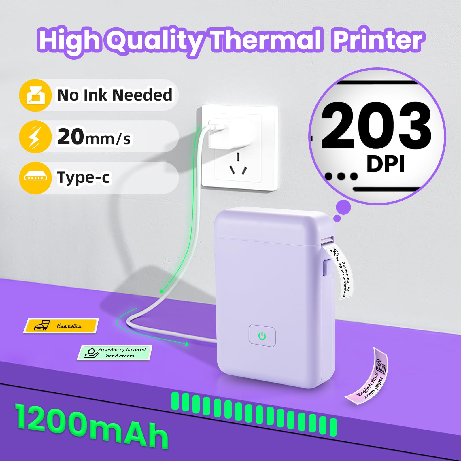 Vretti HP2 Portable Bluetooth Label Maker Machine with Tape - Wireless Label Printer for Storage, Shipping, Barcodes, Office & Home Organization - Includes Multiple Templates (Purple) | Perfect for Pantry Labels, Moving Boxes & File Organization