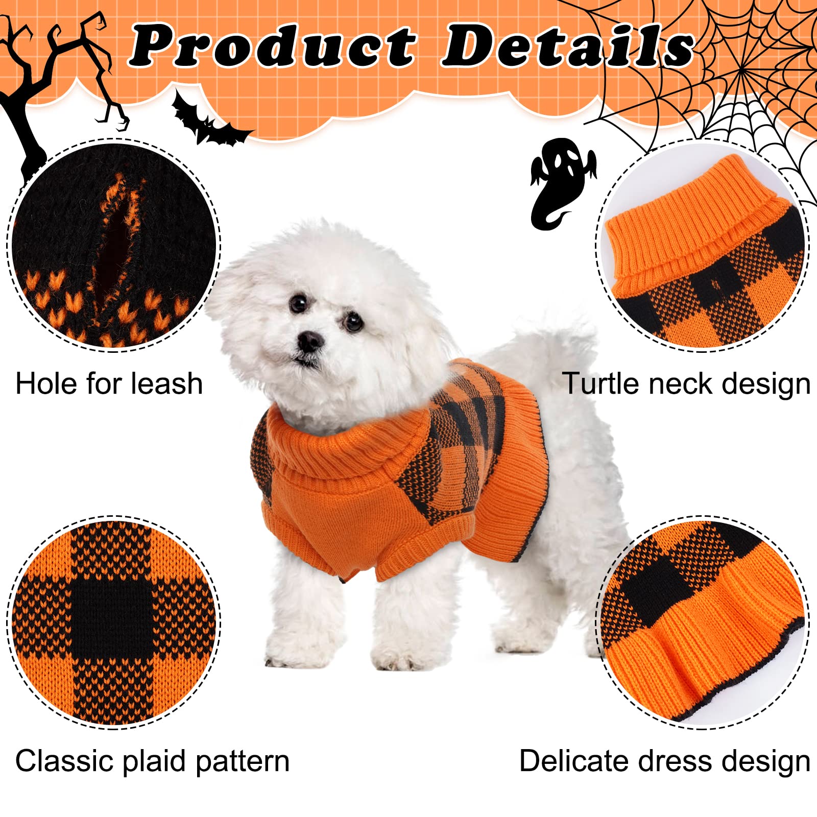 Lelepet Dog Sweater - Warm Turtleneck Pullover Knit Plaid Halloween Costume for Small to Large Dogs, Yorkies, Orange | Cozy Winter Outfit & Holiday Pet Fashion