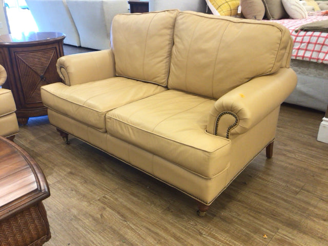Lexington Home Tan Leather Rolled Arm Loveseat Sofa - Genuine Leather Living Room Furniture for Small Spaces, Apartments & Cozy Home Decor