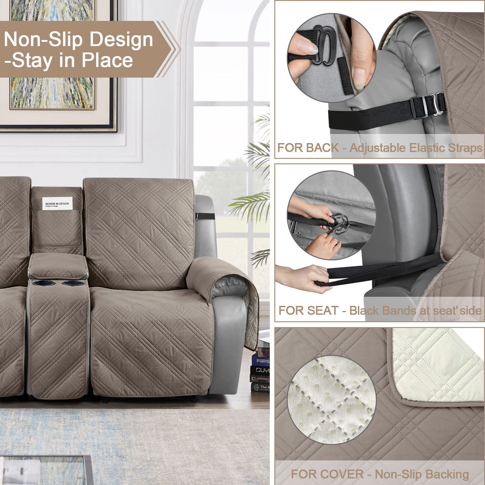 TAOCOCO 100% Waterproof Recliner Sofa Cover with Console - 3 Seater Stretchable Furniture Protector for Pets & Kids, Non-Slip Straps Design, Split Reclining Couch Cover (Taupe) - Perfect for Living Room, Home Theater & Family Gatherings