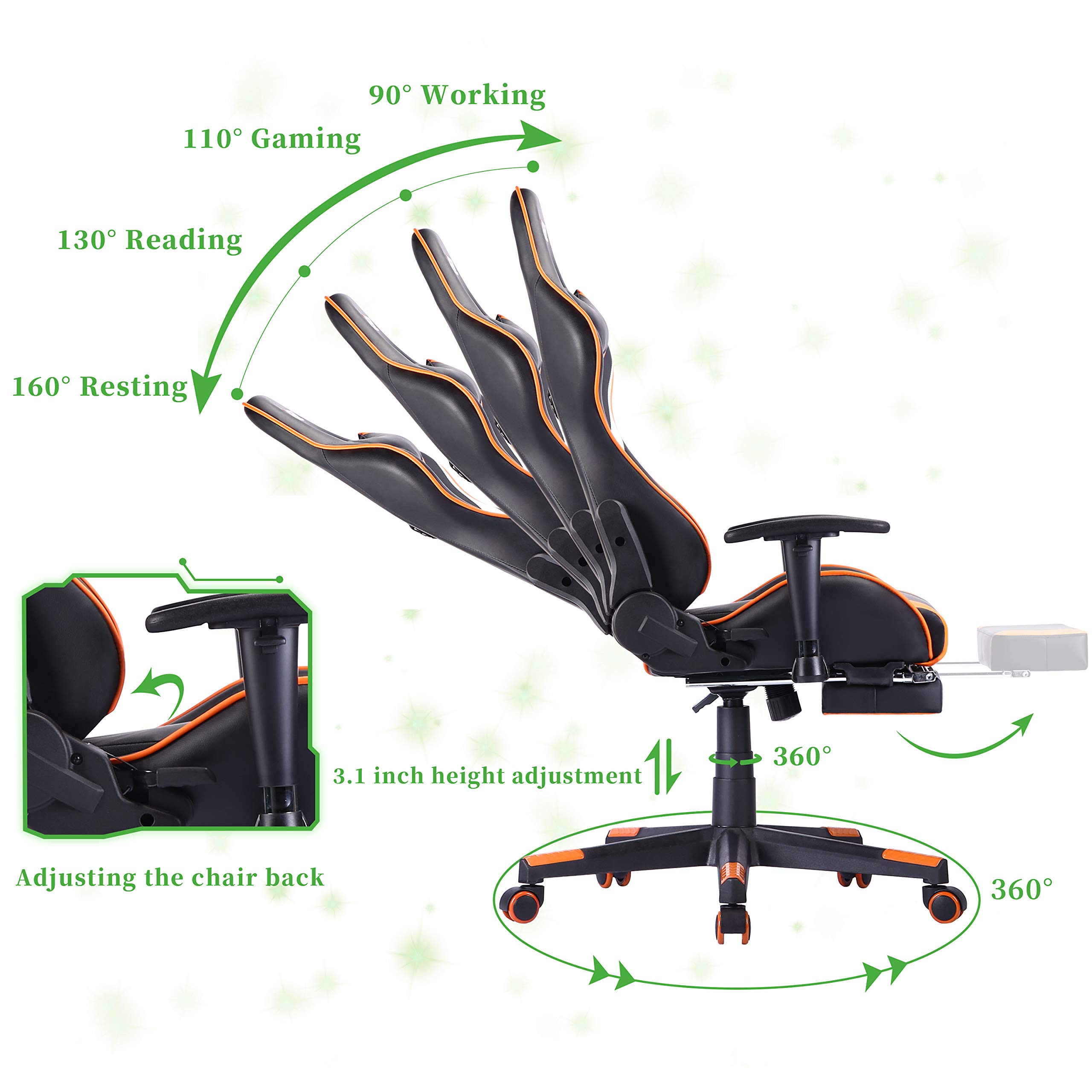 EDWELL Ergonomic Gaming Chair - High Back PU Leather Office Chair with Adjustable Headrest, Lumbar Support & Footrest for Adults - Orange Computer Desk Chair for Gaming, Work & Home Office