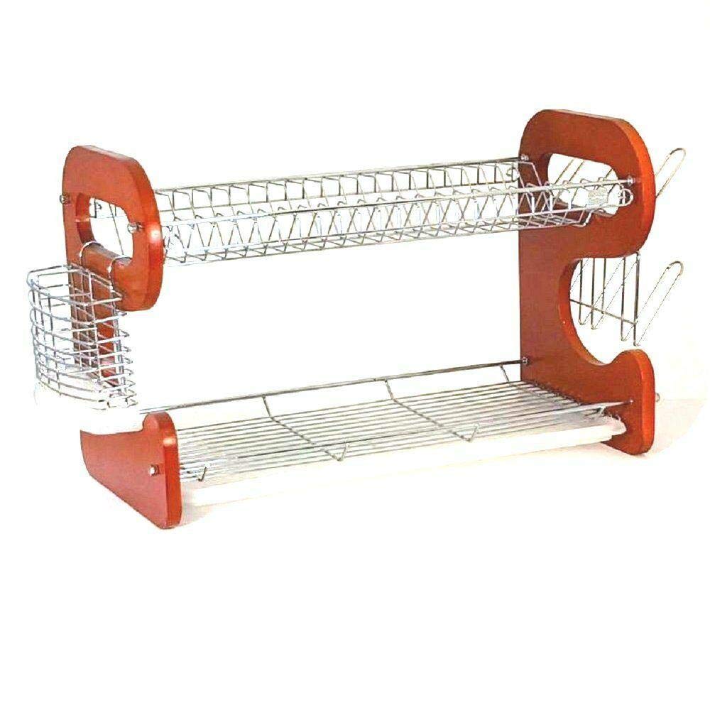 2 Tier Wooden Dish Rack with Utensil Holder - Chrome Plated Kitchen Organizer for Countertop Storage | Perfect for Small Spaces, Dish Drying, and Kitchen Organization Accessories