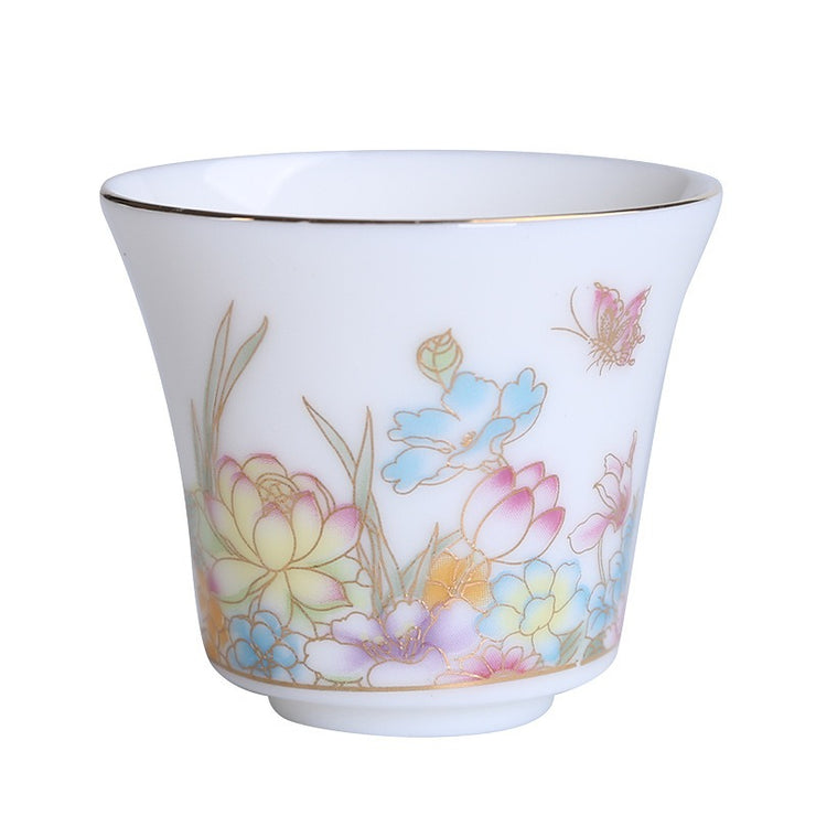 Premium White Porcelain Tea Tasting Cups with Blooming Flowers Decal & Gold Detailing - 70ml Dehua Fujian China - Perfect for Gongfu Tea Ceremony, Japanese Tea Party & Home Tea Collection