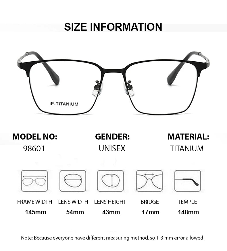 Men's Titanium Square Full Rim Eyeglasses Frame 98601 - Lightweight & Durable for Office, Reading & Daily Wear