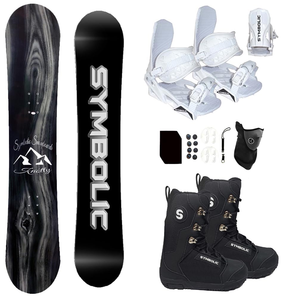 Premium Symbolic Knotty Snowboard Complete Set with Bindings, Boots, Leash, Stomp Pad & Face Gaiter - Perfect for Freestyle Riding, Mountain Adventures & Winter Sports Enthusiasts