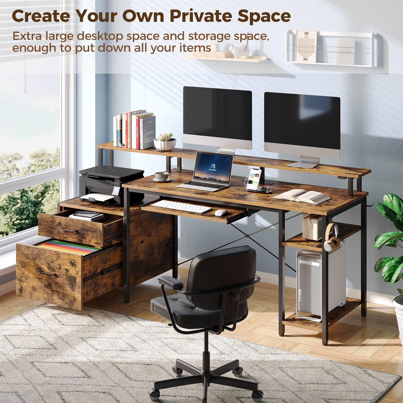 Rolanstar 59-inch Rustic Brown Computer Desk with LED Light, Power Outlets & File Drawer - Home Office Gaming Desk with Monitor Stand, Keyboard Tray & Storage Shelves - Perfect for Small Spaces, Work from Home & PC Gaming Setup