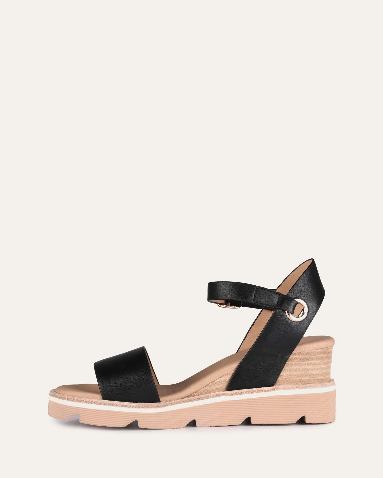 KATIE Women's Black Leather Mid Heel Wedge Sandals - Comfortable Casual & Dressy Shoes for Summer, Beach, Party & Office Wear