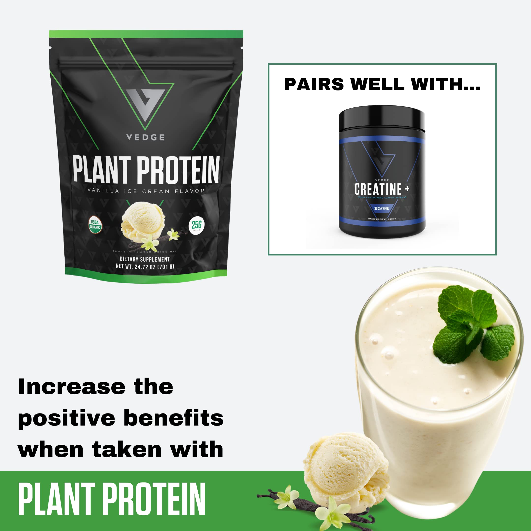 Organic Plant Protein Powder - Vanilla Ice Cream Flavor (20 Servings) | USDA Certified, Vegan, Gluten-Free, Dairy-Free Protein Supplement for Smoothies, Baking & Post-Workout Recovery