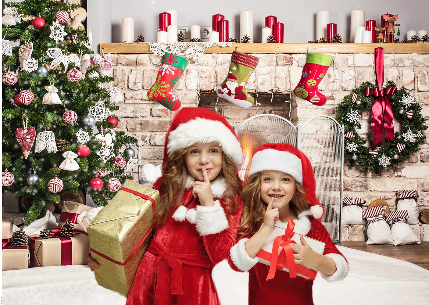 7x5ft Christmas Backdrop - Fireplace with White Brick & Bear for Kids Studio Photography
