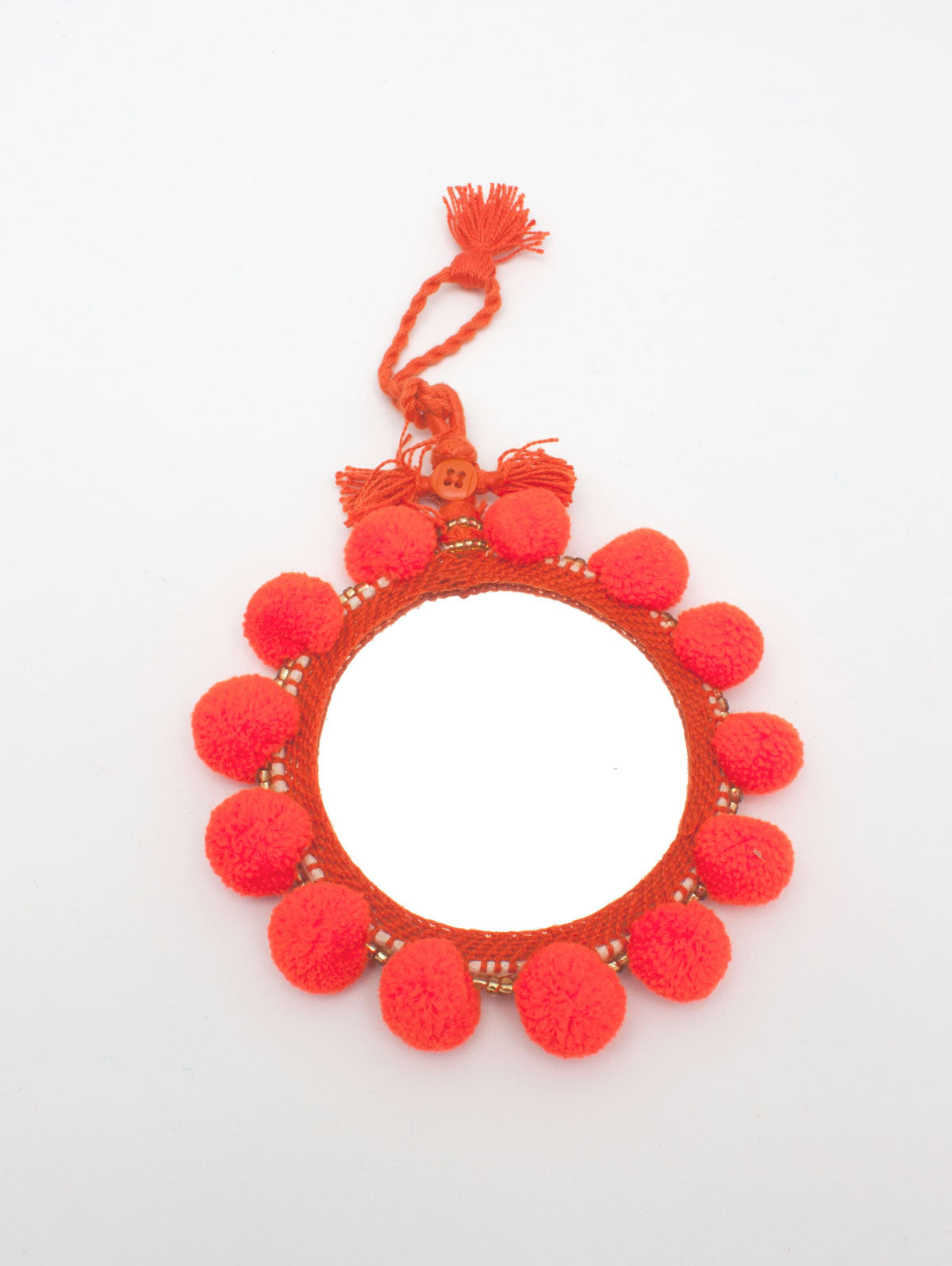 Orange Pom Pom Wall Mirror - Boho Home Decor for Bedroom, Living Room & Nursery - Handmade Decorative Mirror with Tassels