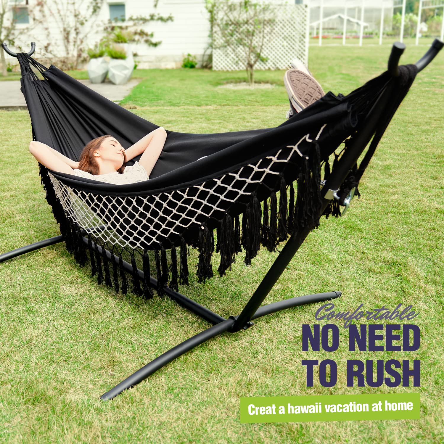 Zupapa 2-Person Heavy Duty Portable Hammock with Stand - Adjustable Steel Frame for Camping, Backyard & Outdoor Relaxation - Includes Carrying Bag (550 lbs Capacity, Black) - Perfect for Beach, Patio and Backyard Lounging