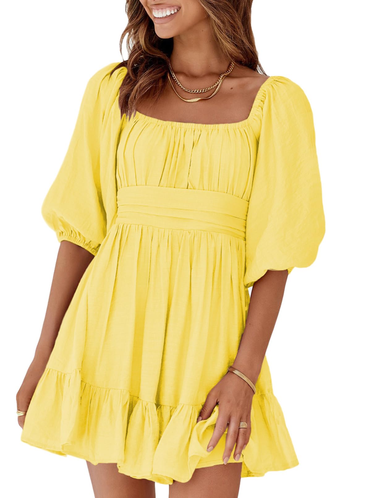 Dokotoo Women's Summer Dress - Square Neck Tie Back Lantern Sleeve Ruffle A-Line Casual Sundress for Beach, Vacation & Outdoor Parties