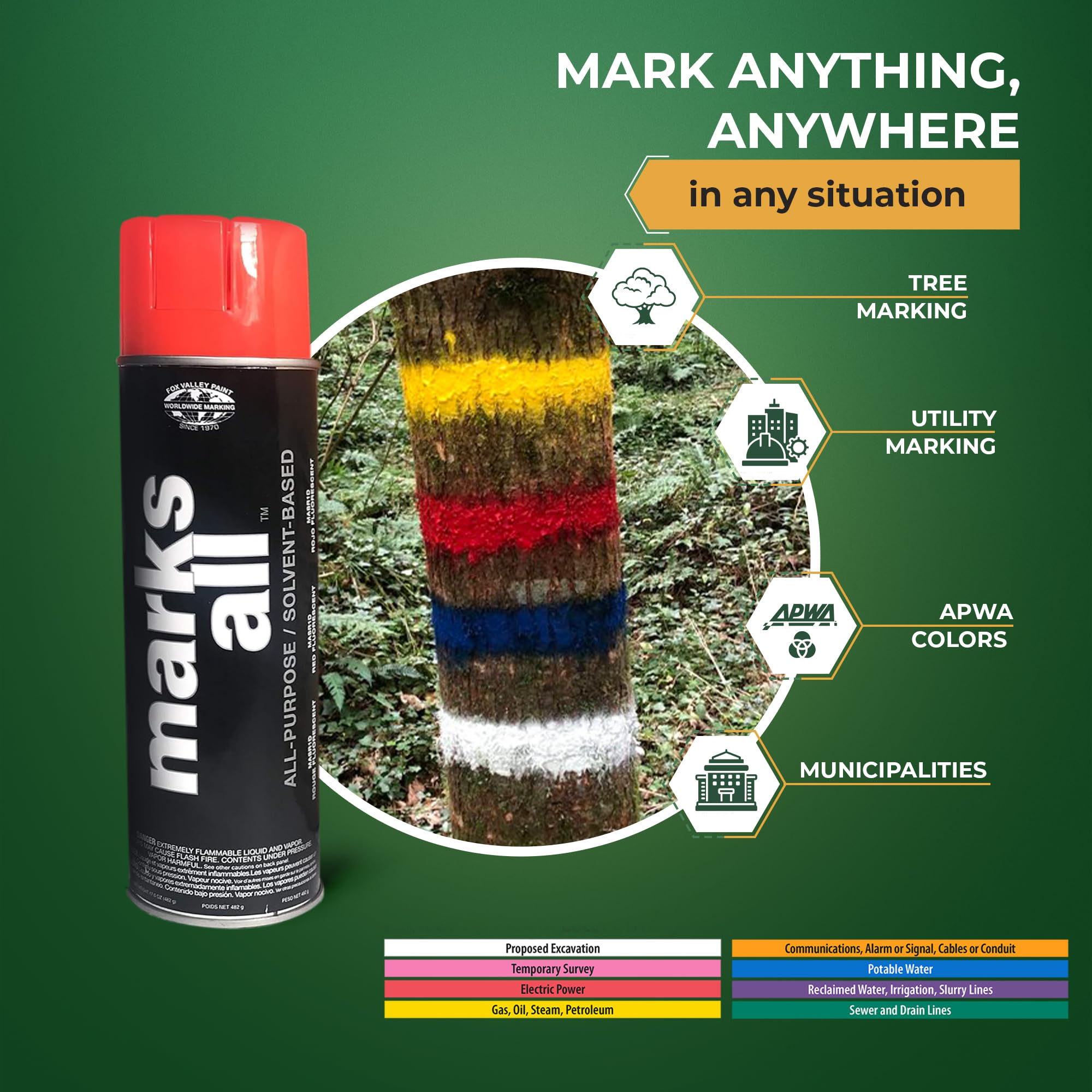 Fox Valley Marks All Utility Marking Paint Spray Can - 18 oz (Pack of 12) Red Fluorescent - Professional Lawn, Tree, Driveway & Parking Lot Marking Paint for Landscaping, Construction & Property Maintenance