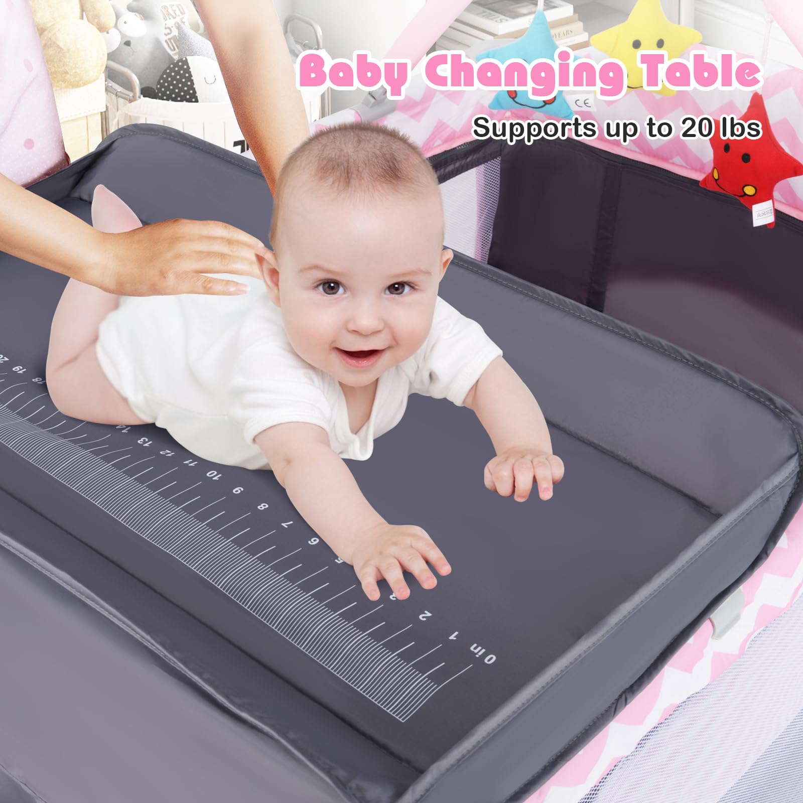 BABY JOY 4-in-1 Portable Playard with Bassinet, Changing Table & Toy Bar - Side Zipper Door, Lockable Wheels & Carry Bag - Indoor, Outdoor & Travel Nursery Center for Babies & Toddlers - Perfect for Home, Travel & Playtime