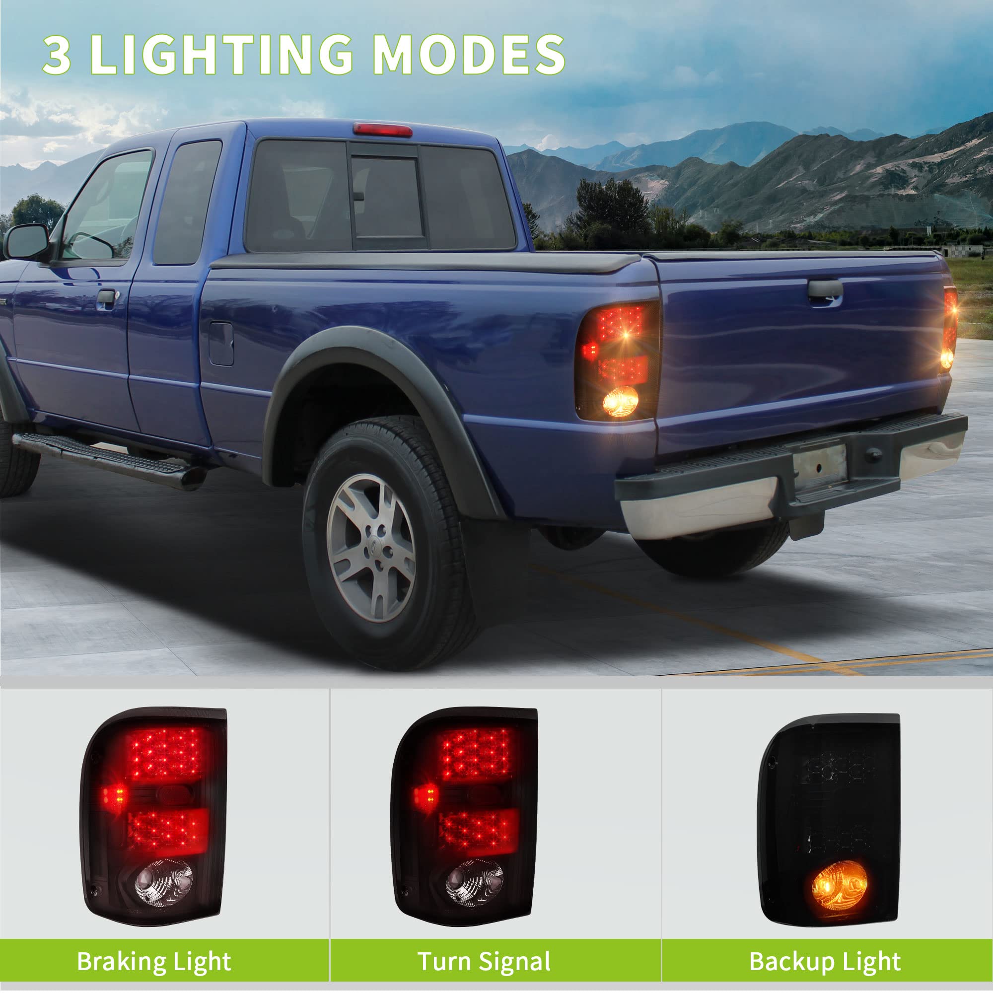 AUTOSAVER88 Black Smoke LED Tail Lights for 2001-2005 Ford Ranger - Replacement Left & Right Pair - Enhance Visibility & Style for Night Driving & Off-Road Adventures