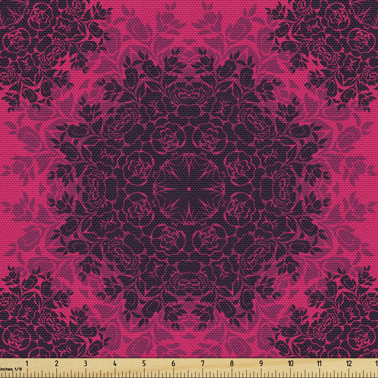 Ambesonne Floral Fabric by The Yard - Baroque Gothic Rose Flower Circle Mandala Psychedelic Print - Decorative Upholstery Fabric for Sofa, Curtains & Home Decor (10 Yards, Hot Pink Dark Purple) - Perfect for DIY Projects, Pillow Covers & Bohemian Home Accents