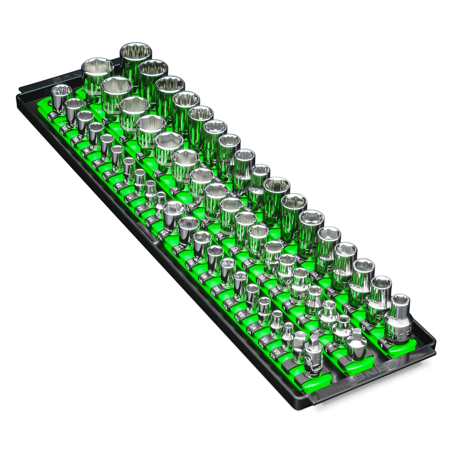 Ernst Manufacturing 8481 3-Rail Multi-Drive Socket Holder Tray - Twist-Lock Tool Organizer for SAE & Metric Sockets - Durable Green Toolbox Accessory - Made in USA - Perfect for Mechanics, DIY Enthusiasts & Professional Tool Organization