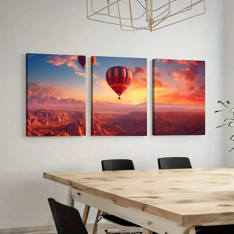 3pcs Hot Air Balloon Landscape Wall Art Set - Sunset Glow Sky Canvas Prints 50x70cm Framed | High Quality Australian Made | Perfect for Living Room, Bedroom & Office Decor