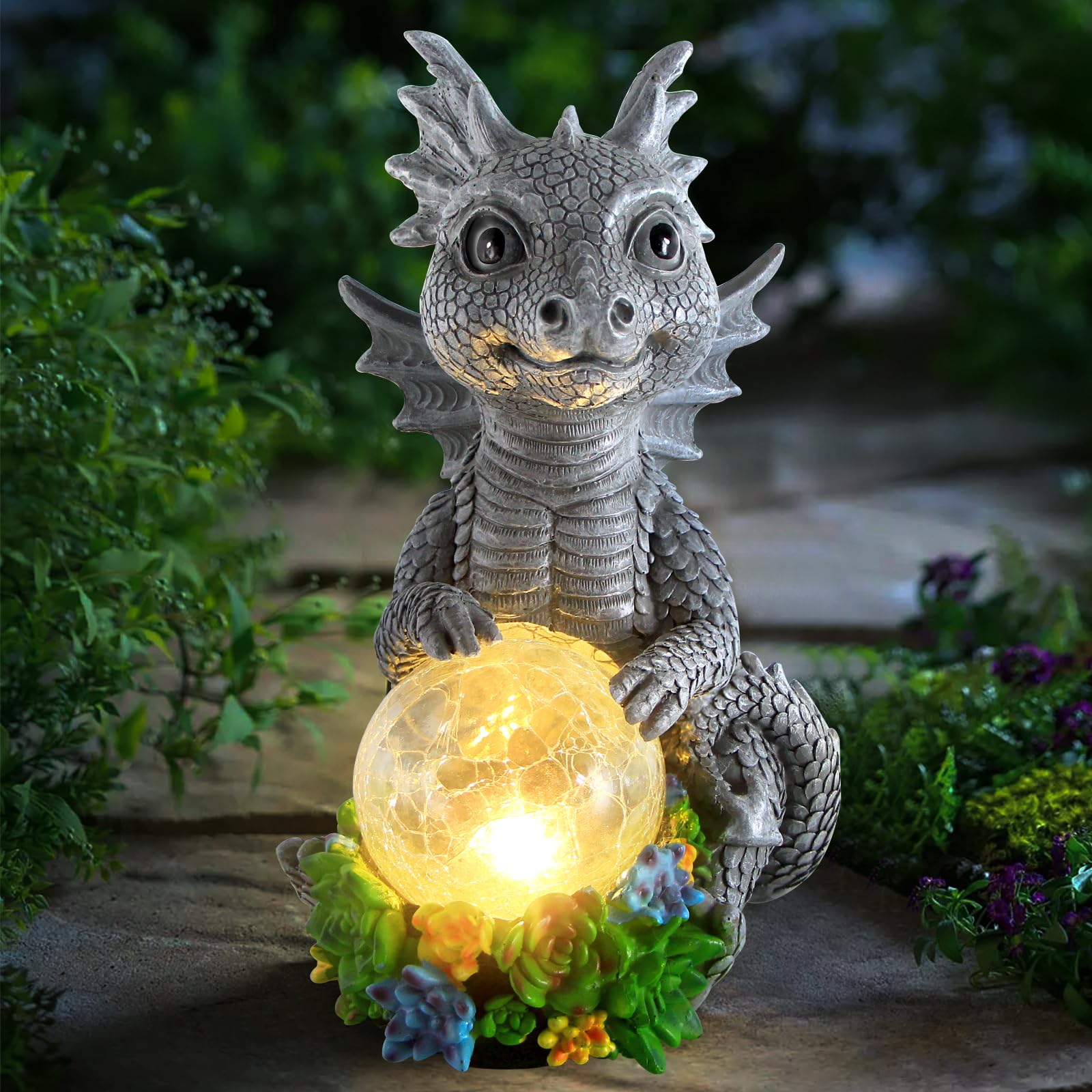 Solar LED Dragon Garden Statue Holding Magic Orb - Outdoor Lawn Decor for Patio, Balcony, Yard | Unique Gift for Mom & Grandma | Perfect for Nighttime Garden Lighting & Holiday Decorations