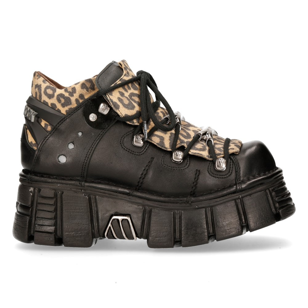 New Rock TOWER Boots - Black & Leopard Print Combat Boots for Women & Men | Perfect for Punk, Gothic & Alternative Fashion | Outdoor, Concerts & Everyday Wear