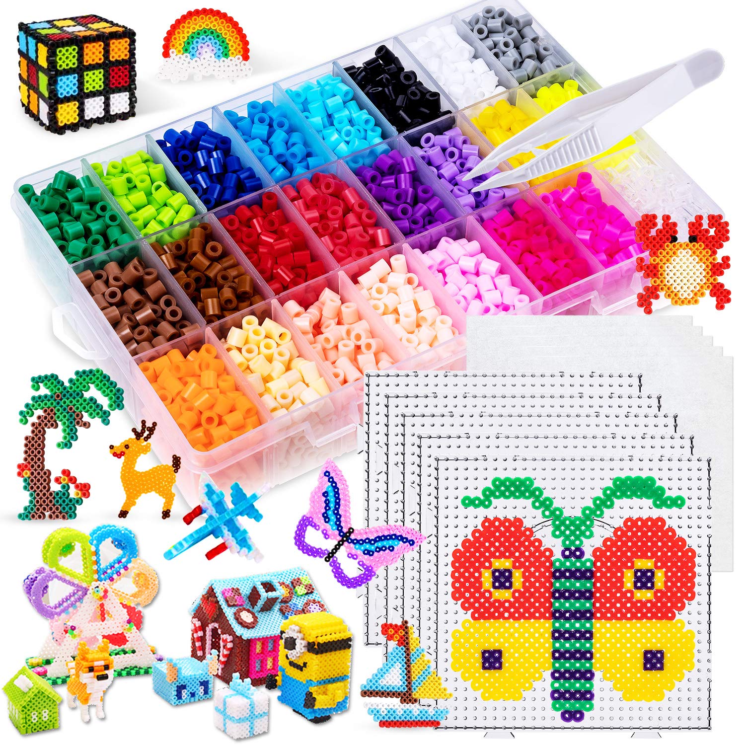 5000-Piece Perler Beads Kit with 5 Large Pegboards, Tweezers & Ironing Papers | DIY Fuse Bead Crafts for Kids & Adults | Perfect for Home Decor, Gifts & Creative Projects