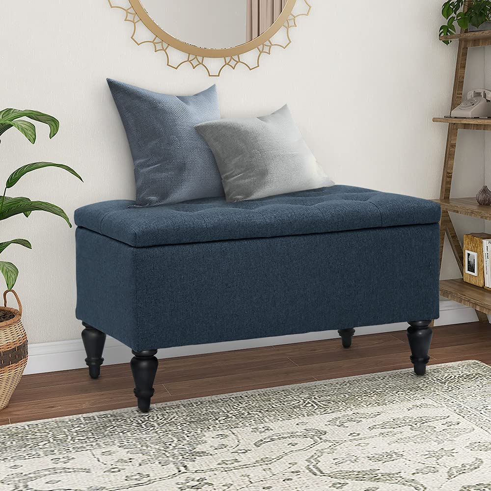 MAYPEX 29 Inch Tufted Rectangular Storage Ottoman Bench - Navy Blue Upholstered Coffee Table with Smooth Hinge Lid, Multi-Functional Seat for Living Room, Bedroom & Office - Perfect for Extra Seating, Hidden Storage & Home Decor