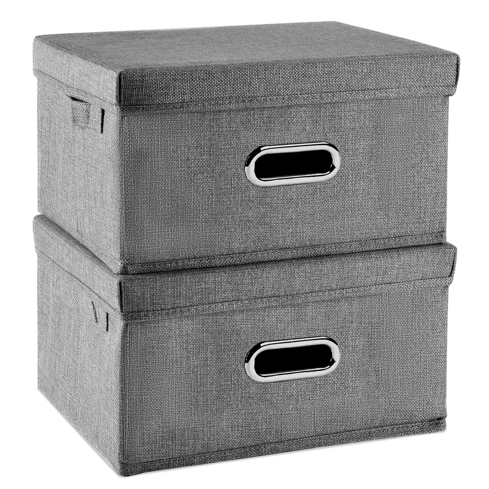 Linen Fabric Storage Bin with Lid [2-Pack] - Foldable Closet Organizer Box for Clothes, Bedroom, Office & Home - Space Saving Storage Basket Container (Gray, Small) - Perfect for Seasonal Clothing, Toys & Home Organization
