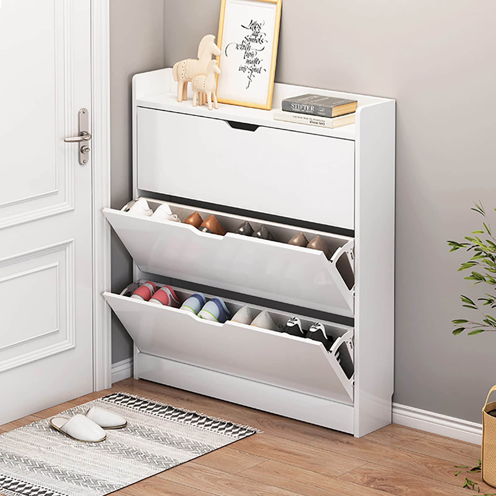 U&Q Modern White Shoe Cabinet with Hidden Shoe Rack - Large Capacity Entryway Storage Organizer (80x17x116cm/31x7x46in) | Space-Saving Closet Shoe Cubby & Decorative Furniture for Hallway, Bedroom, or Living Room
