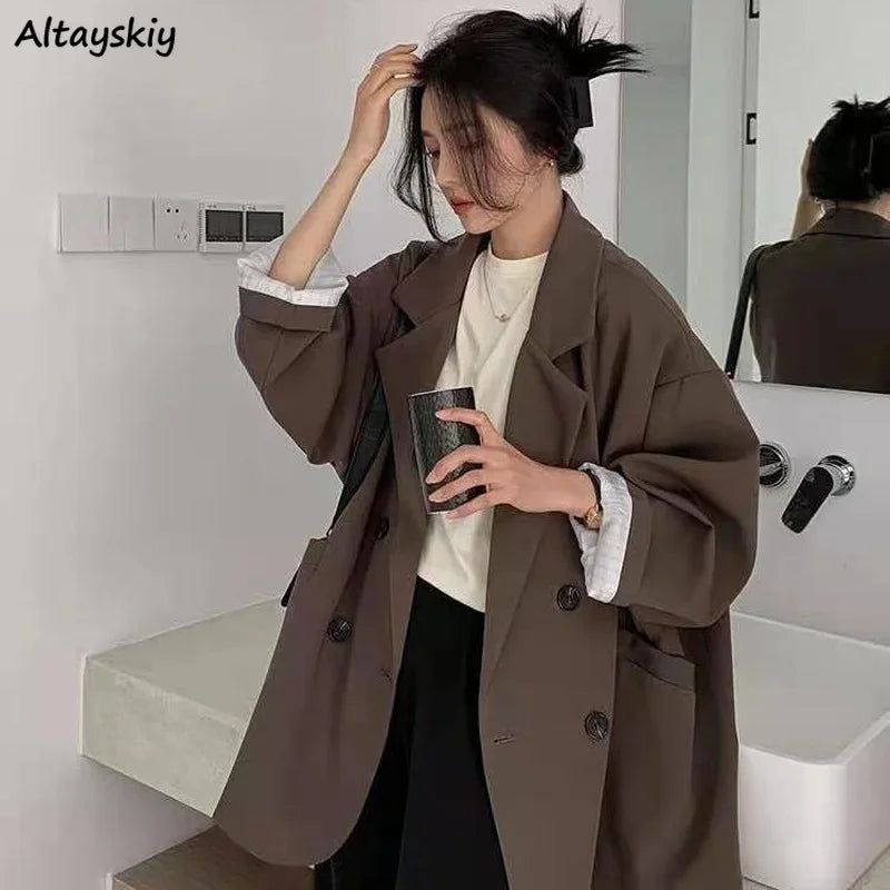 Women's Minimalist Solid Blazer Jacket - Elegant Loose Fit Retro Office Fashion Coat for Spring - High Street Feminine Outerwear for Work, Business Meetings & Casual Outings