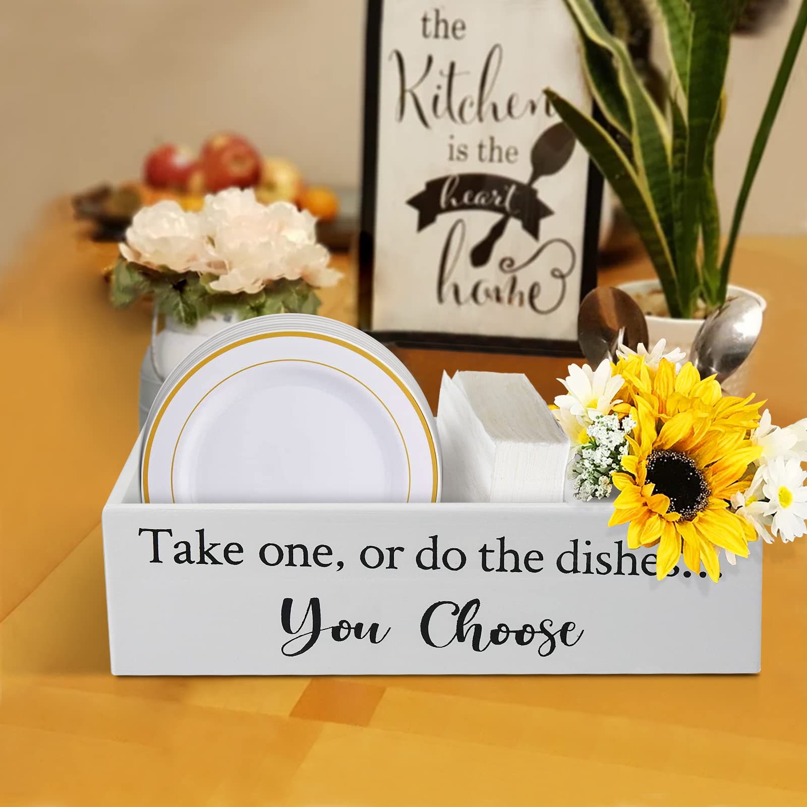 Wooden Paper Plate Holder & Utensil Caddy Organizer - Rustic Kitchen Countertop Dispenser for Plates, Cups, Forks, Spoons & Napkins - Perfect for Wedding, Party, BBQ & Home Organization