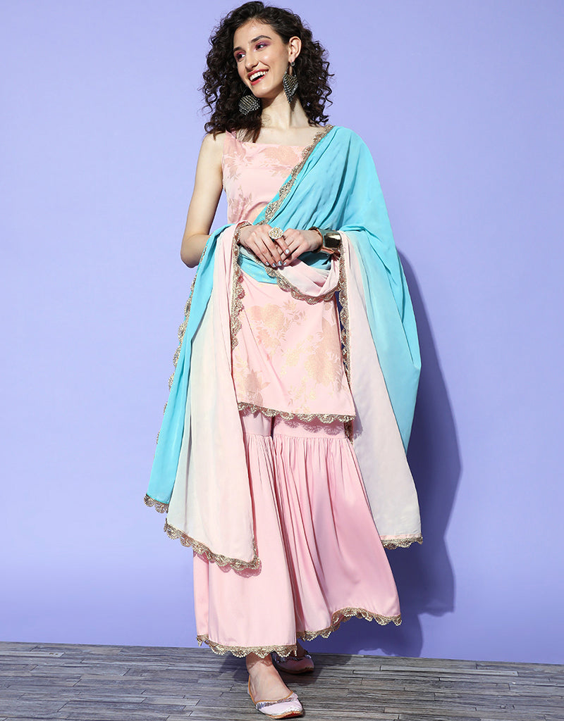 Elegant Baby Pink Crepe Suit Sharara for Women - Stylish Indian Ethnic Outfit for Weddings, Parties & Festive Occasions