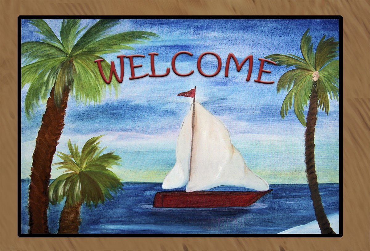 Red Sailboat Large Welcome Floor Mat - Non-Slip Indoor/Outdoor Doormat for Home Entryway, Porch, Deck, and Patio - Perfect for Coastal and Nautical Decor