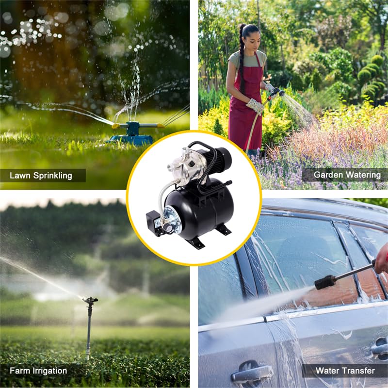 1.6HP Shallow Well Pump with Pressure Tank - 1000 GPH 1200W Automatic Water Booster Pump for Home, Garden, Lawn & Farm Irrigation | Stainless Steel Head | Black | Perfect for Watering Plants, Lawn Care & Agricultural Use