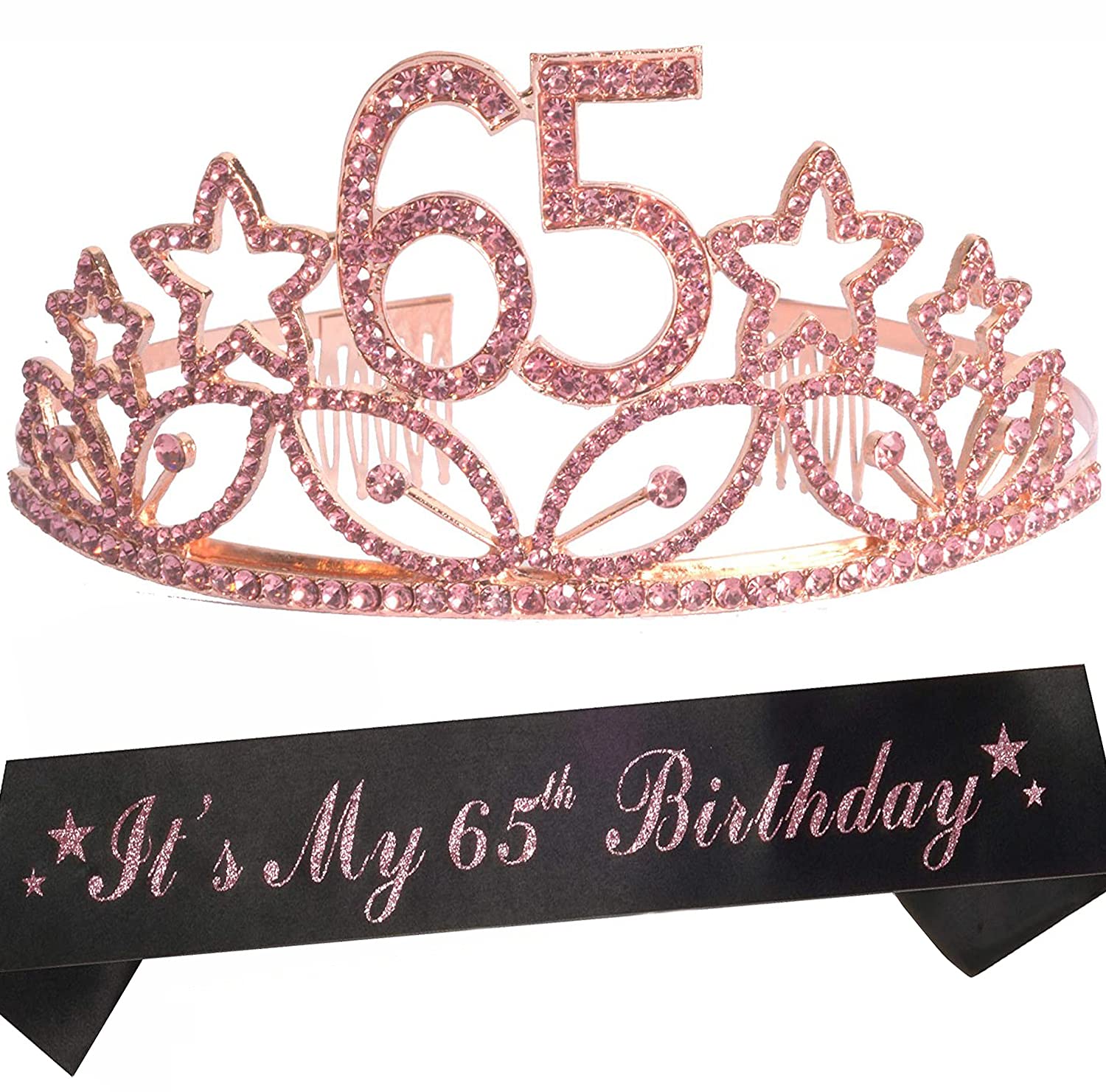 65th Birthday Tiara and Sash Set for Women - Pink Glitter Satin Sash & Crystal Crown - 65 & Fabulous Birthday Party Supplies - Perfect for Milestone Celebrations, Themed Parties, and Special Occasions