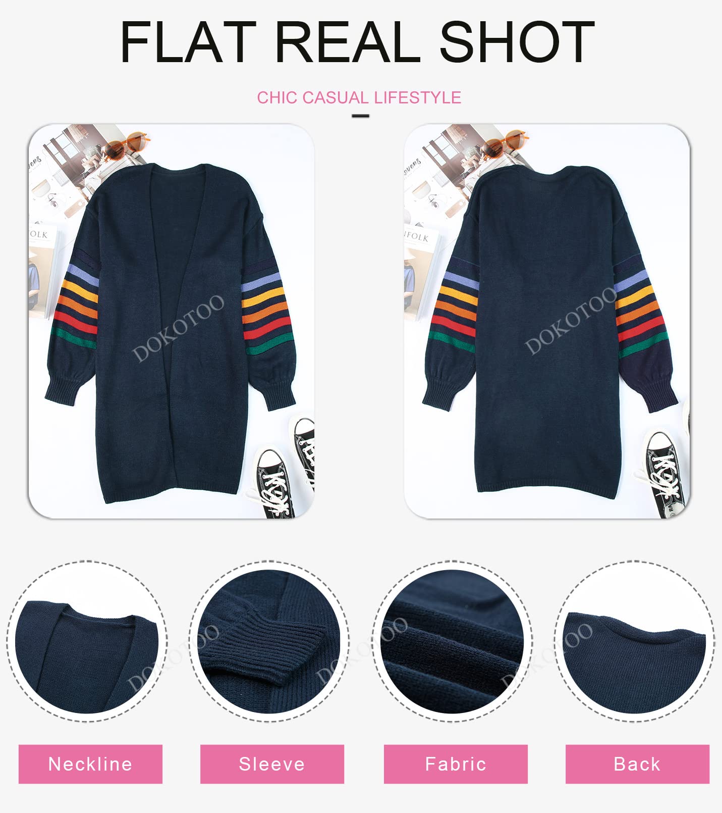 Dokotoo Women's Long Open Front Cardigan - Striped Color Block Loose Knit Sweater Coat for Casual Wear & Office Outfits