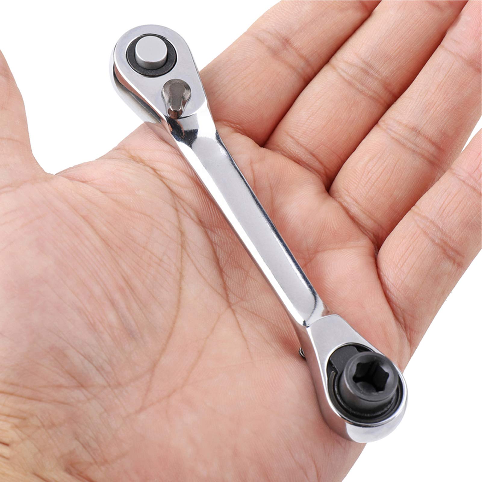 1/4 Inch Mini Double Headed Ratchet Wrench Set - 72 Tooth Drive, 5° Quick Release Rotator with Socket & Screwdriver Bits - Silver (Perfect for Tight Spaces, Automotive Repair & DIY Projects)