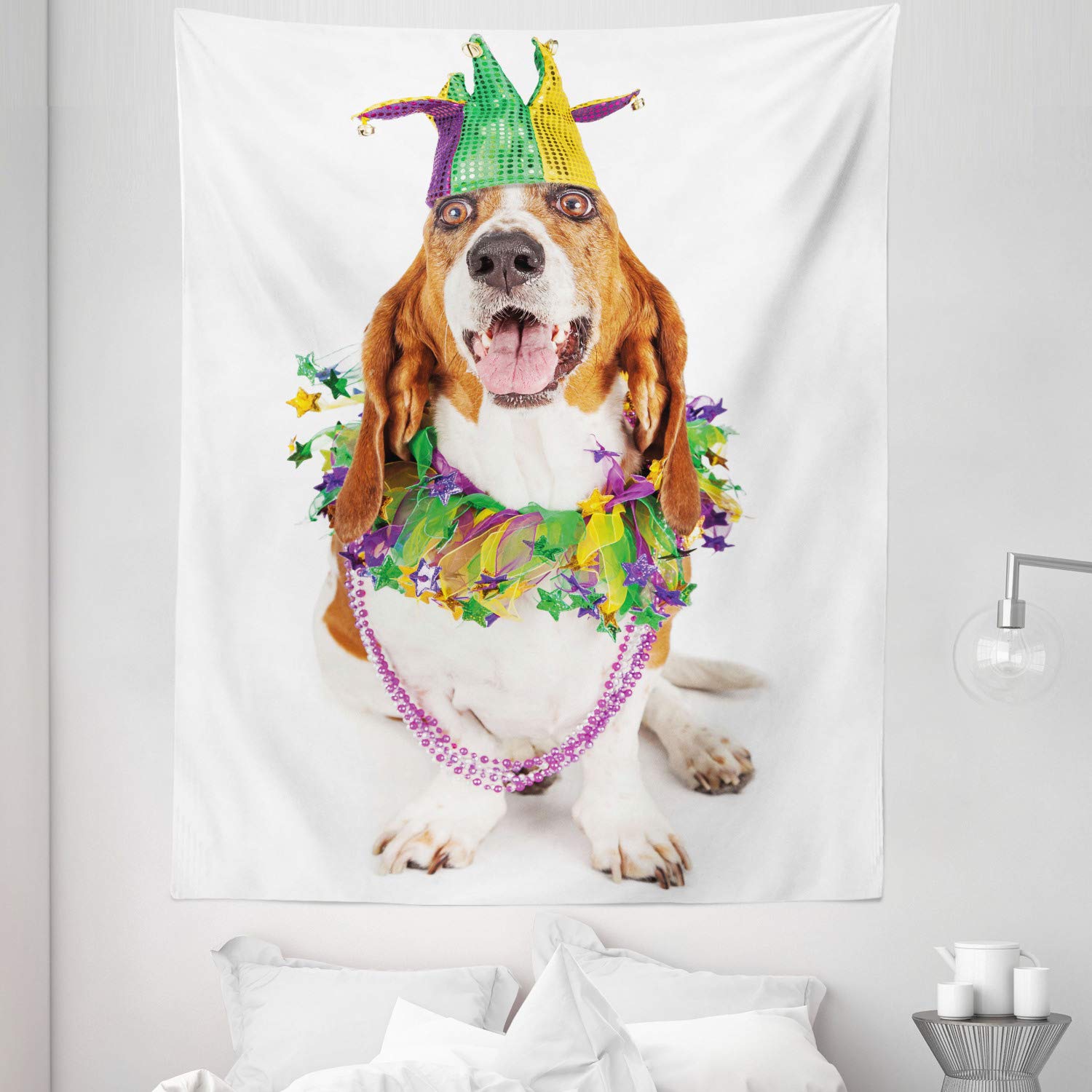Ambesonne Mardi Gras Tapestry - Happy Basset Hound Dog Design, 68x88