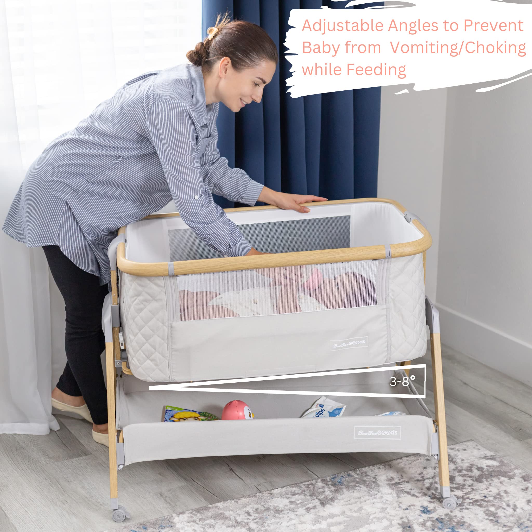 3 in 1 Baby Bassinet with Wheels - Portable Adjustable Bedside Sleeper for Newborns & Infants, 7 Height Settings with Foam Mattress & Storage Basket, Includes Carry Bag - Perfect for Nursery, Bedroom & Travel