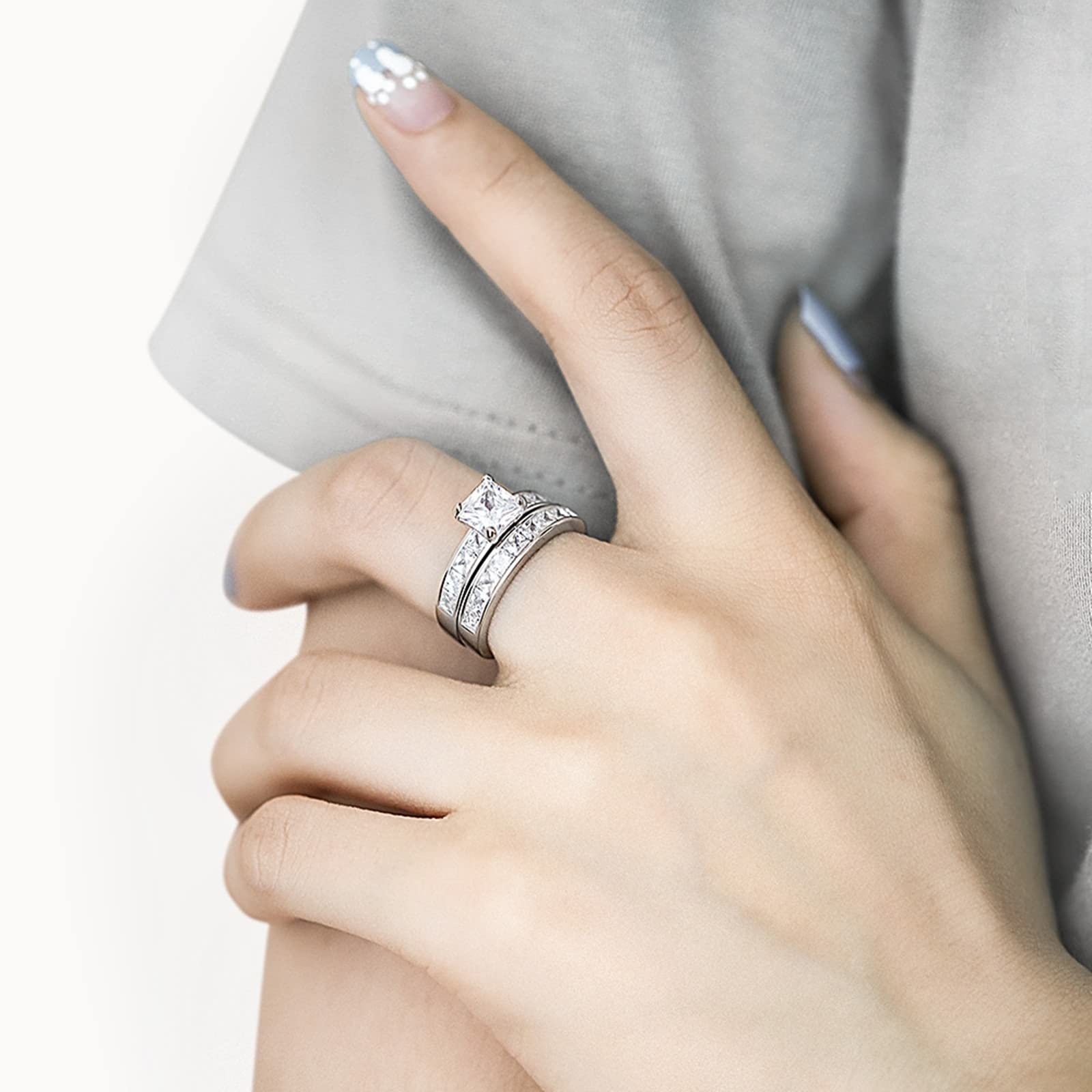 Promise Ring for Women - 925 Sterling Silver Elegant Princess Cut 6x6mm Cubic Zirconia Stackable Ring Set | Perfect for Anniversaries, Engagements & Everyday Wear