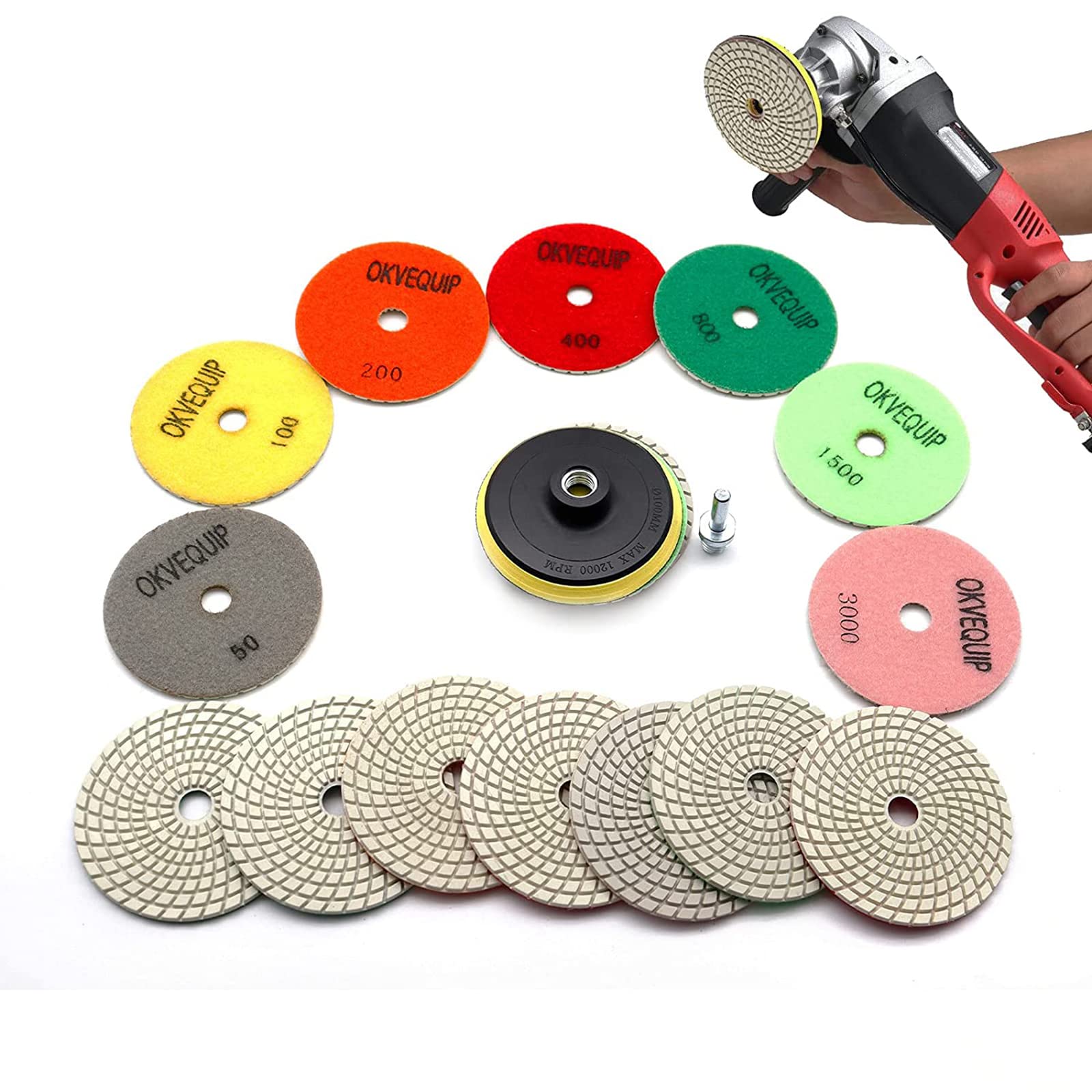 8Pcs Diamond Polishing Pads Set - 4 Inch Wet/Dry for Granite, Marble, Quartz, Concrete - 50# to 3000# Grit with 5/8