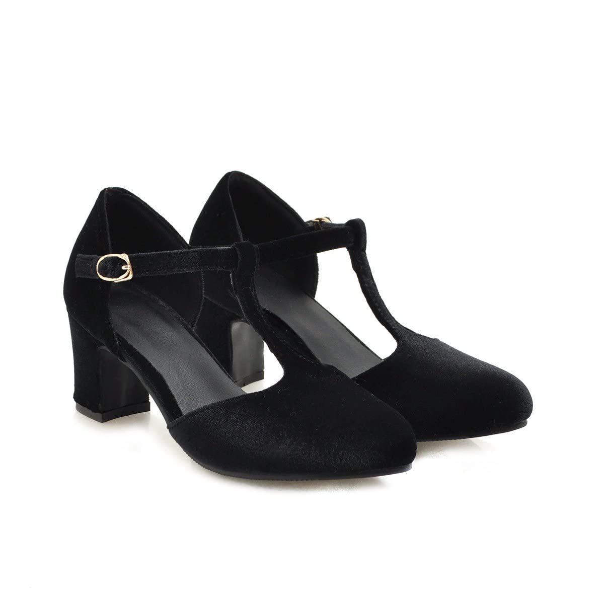 Women's T-Strap Chunky Heel Pumps - Velvet Block High Heels in Black & Green | Closed Toe Dress Shoes with Ankle Strap for Parties, Weddings & Evening Events
