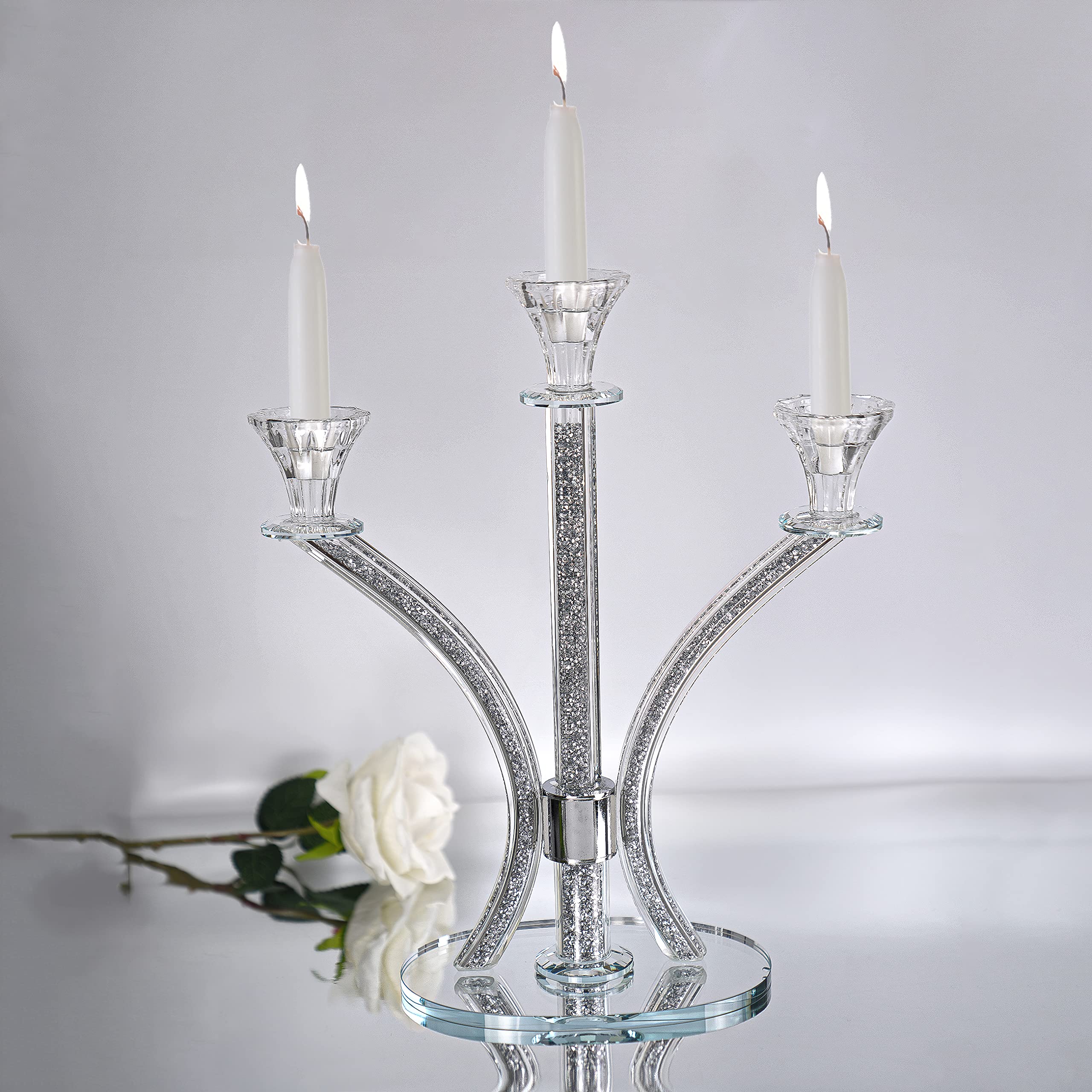 3-Arm Silver Crystal Candelabra Candle Holders - Elegant Modern Centerpiece for Taper & Tea Light Candles - Perfect for Wedding Decor, Dining Table, Romantic Dinner, and Home Decoration