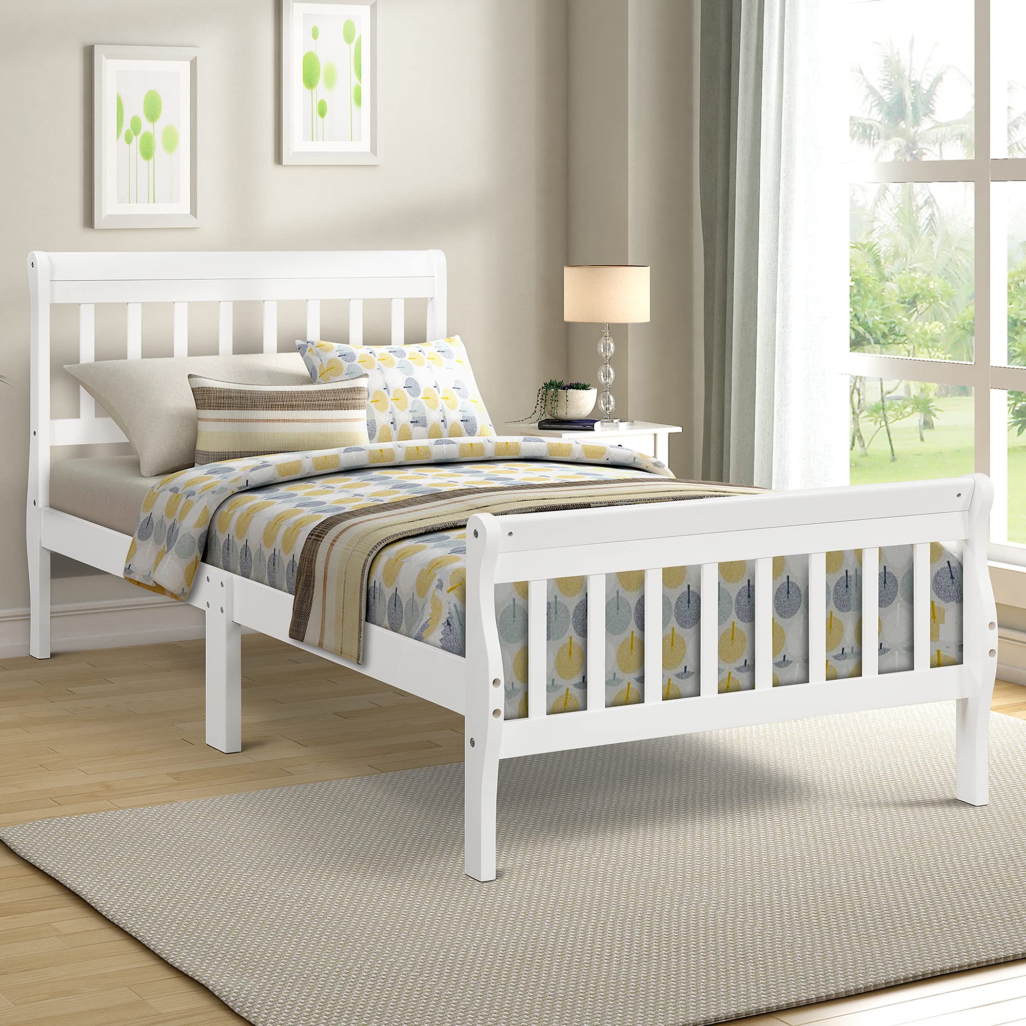 P PURLOVE Twin Size Wooden Platform Bed Frame with Headboard & Footboard - Sturdy Wood Slat Support, No Box Spring Needed, White - Perfect for Kids Rooms, Guest Bedrooms & Small Spaces